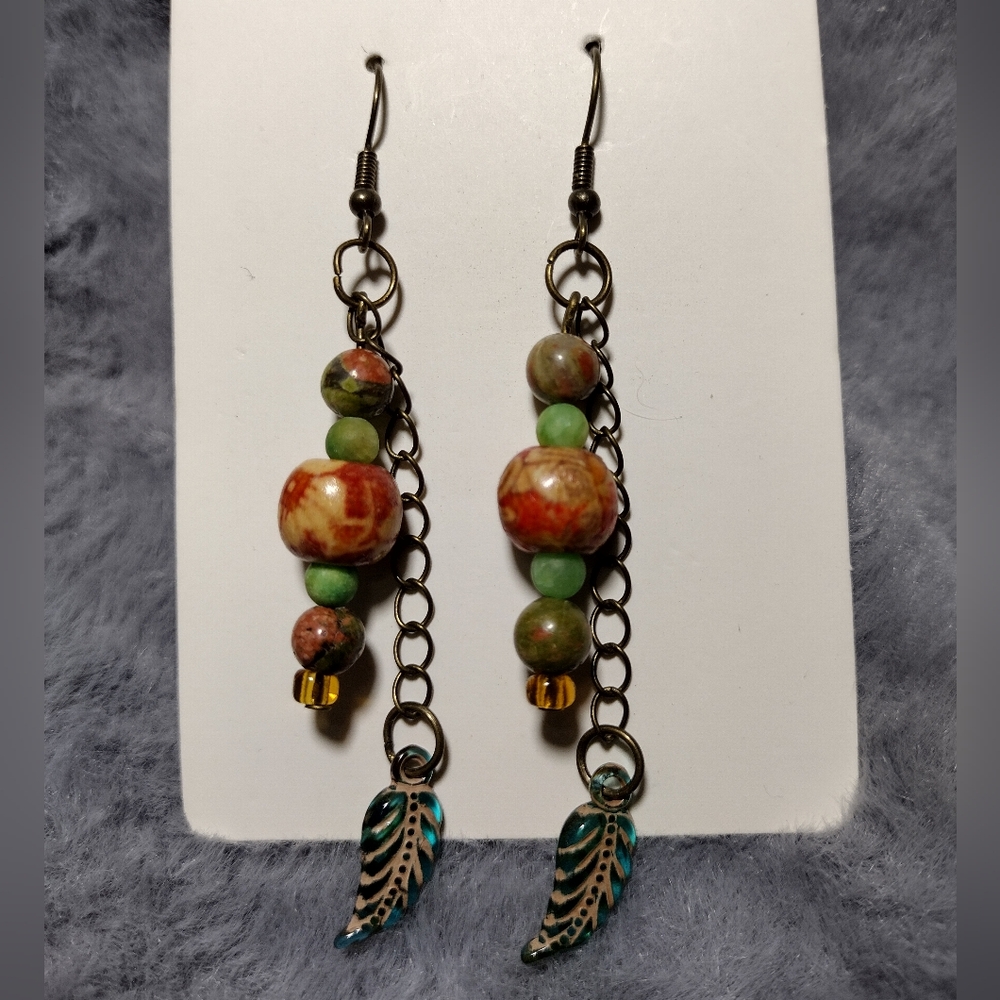 Handmade dangle earrings, beaded, leaves, marbled beads